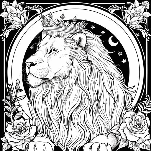 Lion with a crown in a fantasy setting in the style of Jen Bartel Coloring book page