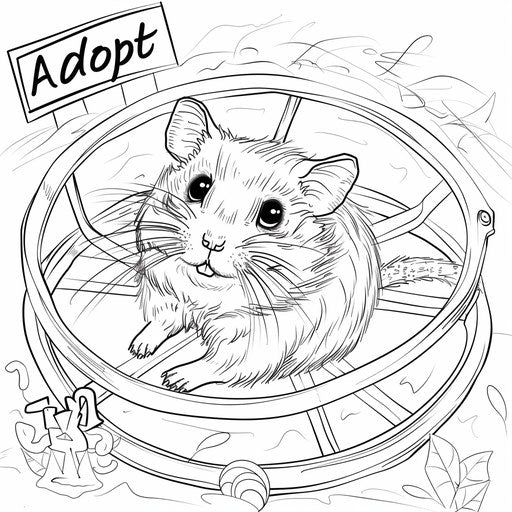 A cute hamster running in a wheel with an "Adopt Me" sign above.