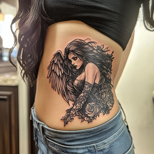 Side tattoos for women with dark angel and outstretched wings