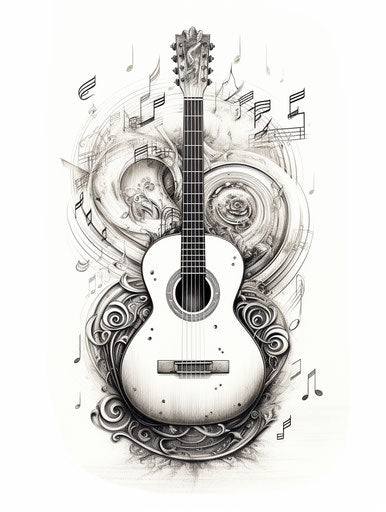 Acoustic guitar on white background, cosmic art style