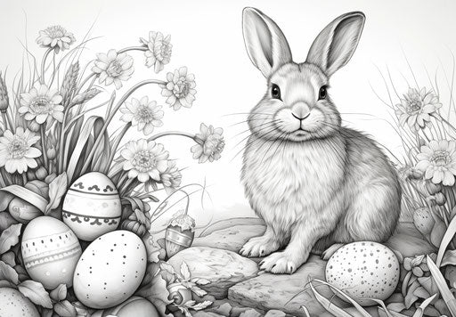 Easter bunny and bird with Easter eggs coloring page