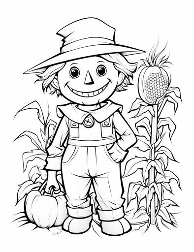 Scarecrow coloring, grainy style, low-angle, innocent