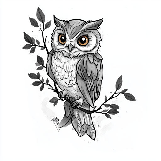 Cute flat tattoo sketch with tiny owl on a branch