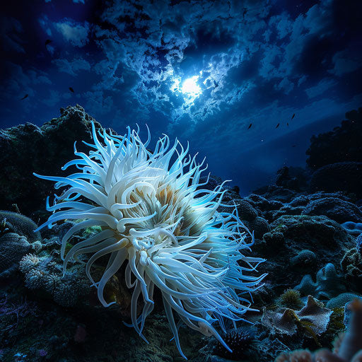 Sea anemone in a dramatic, moonlit underwater scene