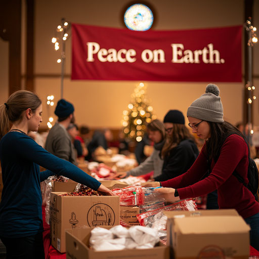 Volunteers sorting donations under a banner 'Peace on Earth'