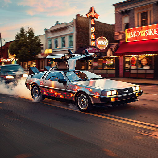 Vintage 1981 hotrod with flames, cruising down classic American diner-lined boulevard