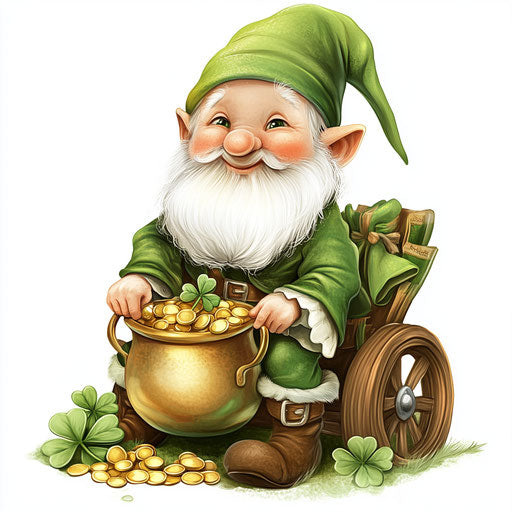 St. Patrick's Day, cute gnome on wheels with pot of gold and shamrock