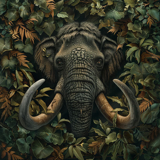 Woolly mammoth emerging from dense foliage