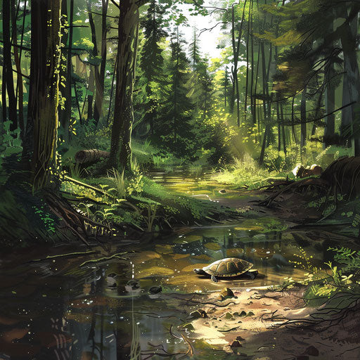 Sunlit glade with wood turtle and mud puddle