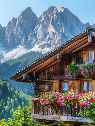 Wooden house with flowers on balcony, Dolomites Italy