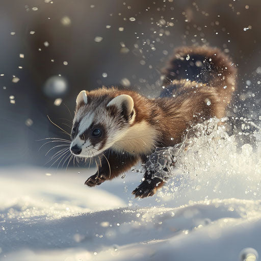 A black-footed ferret diving into the snow in pursuit of prey.