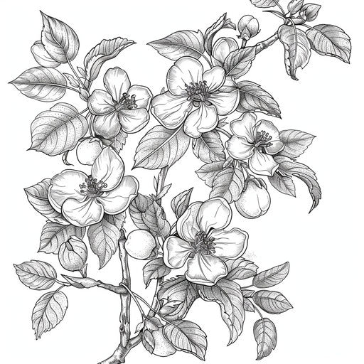 Detailed botanical illustration of an apple tree branch with flowers and fruit. Coloring book page