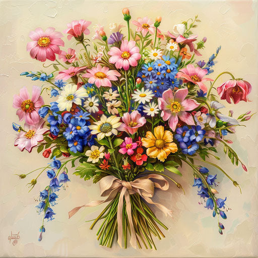 Wildflower bouquet with ribbon, colorful petals, elegant bow