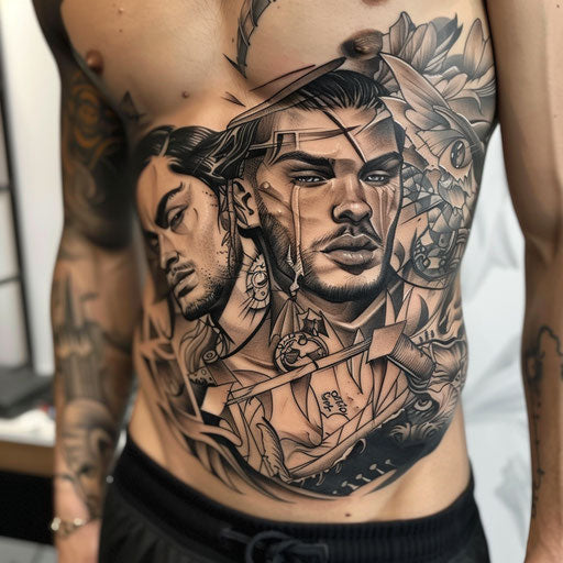 Dynamic and expressive stomach tattoos influenced by Humberto Ramos