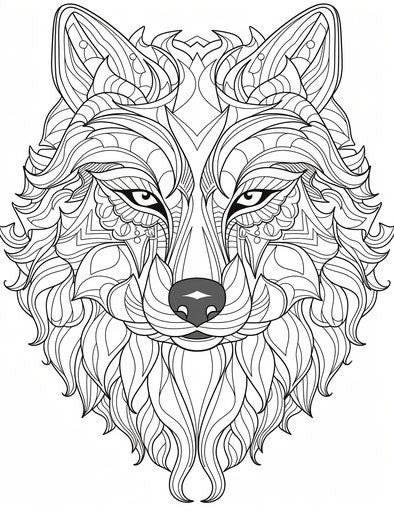 Printable wolf head coloring sheets for adults, animal style