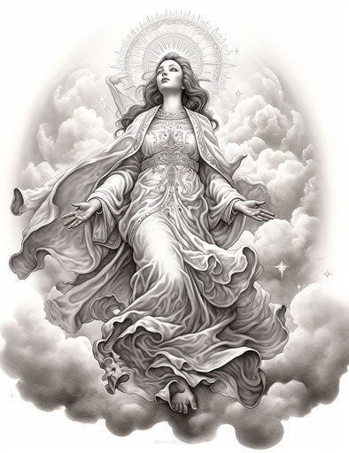 Mary with clouds in intricate dotwork, traditional Mexican style