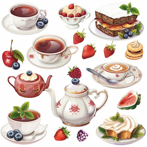 Tea party clipart in photo realistic style with flat white background