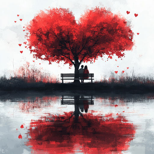 Heart-shaped tree with couple in love on a bench