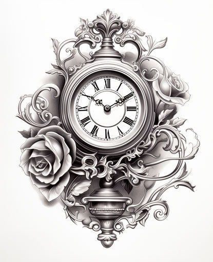 Tattoo clock with Roman numerals on white background, dark silver