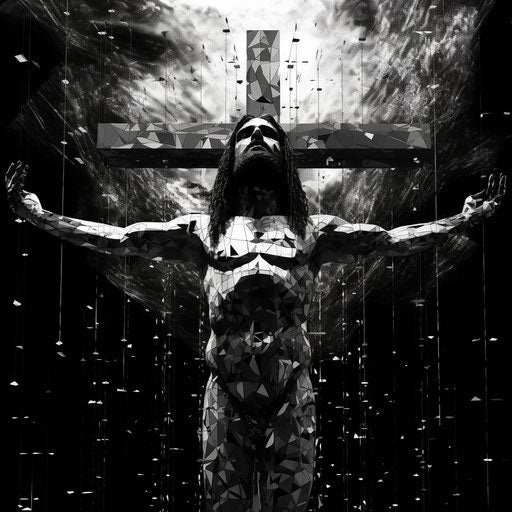 Jesus on Cross, Glitchcore Style, Graceful Balance, Disintegrated