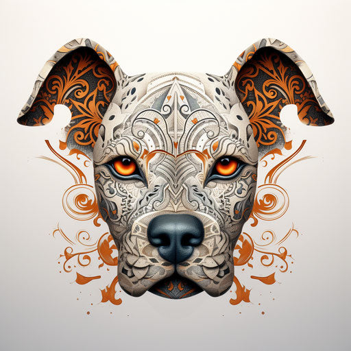 Dog with kanji design on head, intricate dotwork style, tami bone