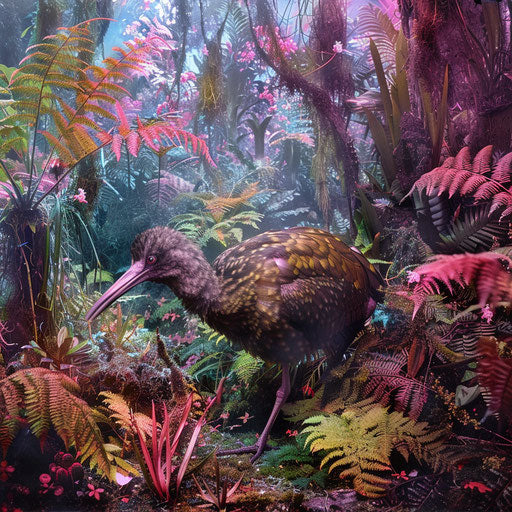 Kiwi bird moving through colorful forest undergrowth
