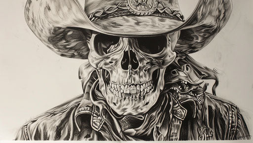 Drawing of a skull in a cowboy shirt and hat, bones