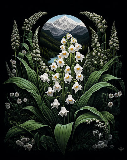 Flower label, may lily of the valley, mountainous style, ominous vibe, marble