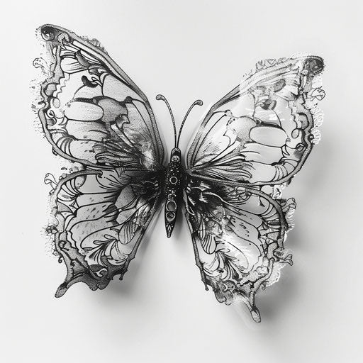 3D butterfly tattoo with lace pattern in black and white