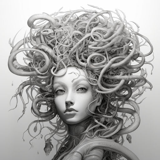 Drawing of a person's medusa in the style of detailed science fiction illustrations