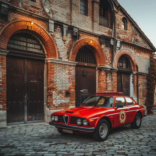 Old Alfa Romeo Alfasud converted into a red fire chief's car parked in front of a historic fire station