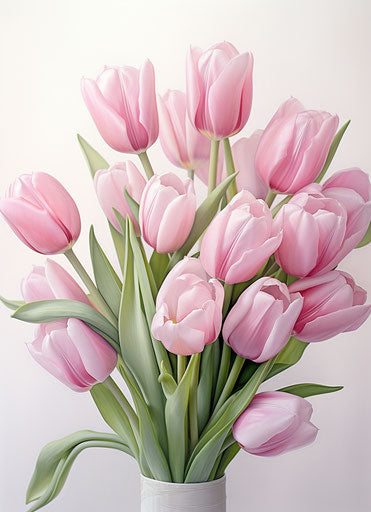 Bouquet of pink tulips on white background, digitally enhanced style
