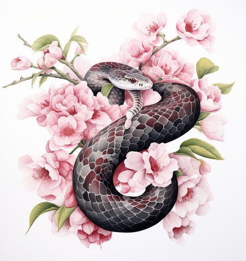 A snake with black orchids in the style of cherry blossoms