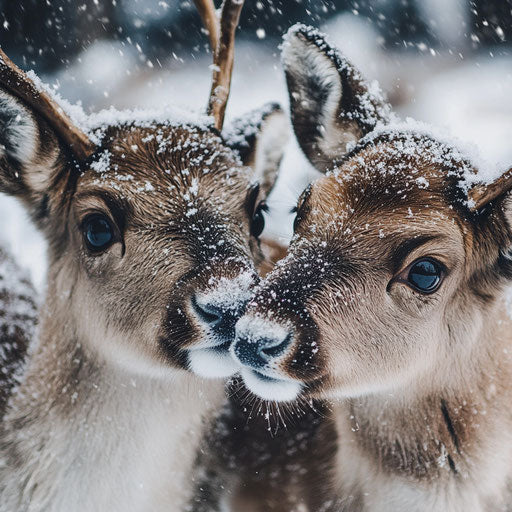 Young reindeer playing in fresh snowfall