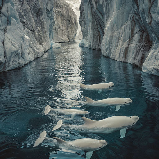 Beluga whales family migration in glacier-lined channel