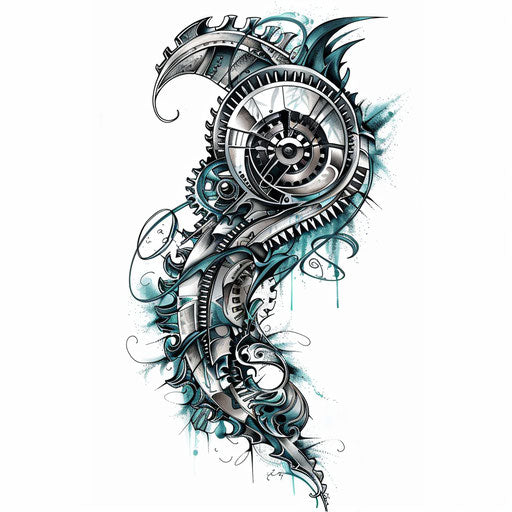 Abstract mechanical tattoo design with swirling gears and metallic shades