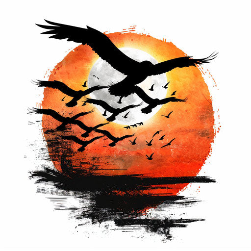 Birds flying at sunset, naturalistic clipart style