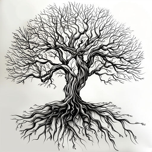 Black ink tattoo design of an African tree of life, detailed with roots and branches, sketched on a white canvas