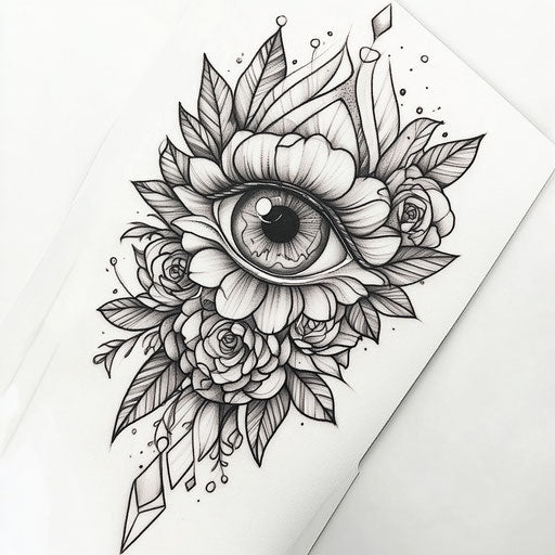 Upper arm tattoo for women with mystical eye surrounded by flowers