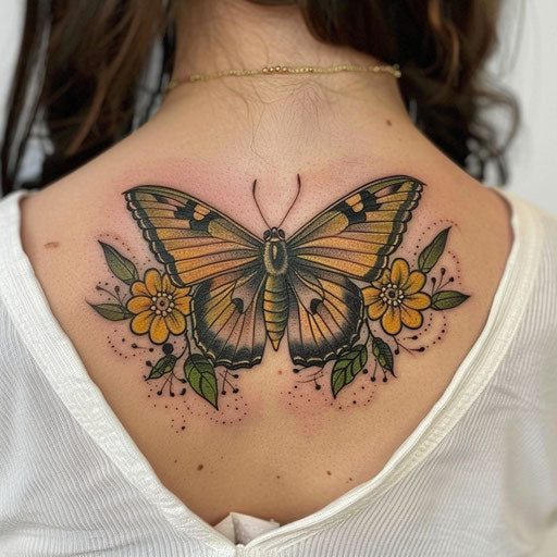 Lower back butterfly tattoo, Merian style