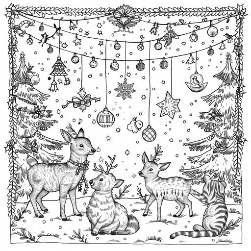 Whimsical Christmas lights scene with woodland animals coloring book page