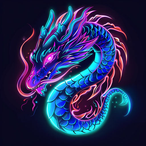 Flat tattoo sketch of a neon dragon with glowing scales