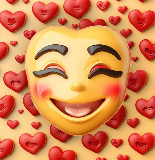 Stock photo of an emoji face with red hearts, in the style of navy and amber, #screenshotsaturday, surprisingly absurd 27:28