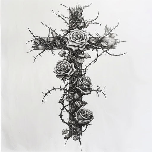 Strength cross tattoo with intertwined roses and thorns