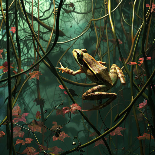 Energetic frog leap in lush jungle setting