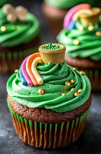 Rainbow cupcakes for St. Patrick's Day with green frosting and gold sprinkles
