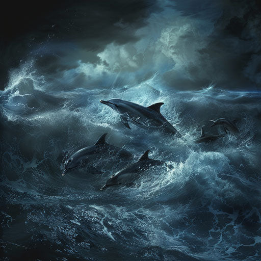 Storm at Sea with Dolphins Navigating High Waves
