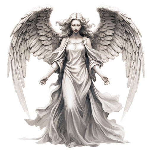 Angel illustration in the style of Chiaroscuro Art, on white background