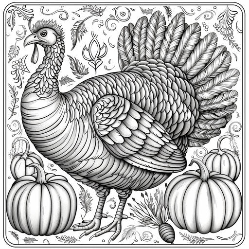 Festive turkey surrounded by pumpkins and cornucopia