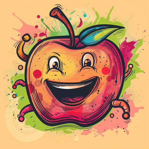 Playful tattoo sketch of a smiling apple with dancing worms, in cheerful colors, in a cartoonish clipart style